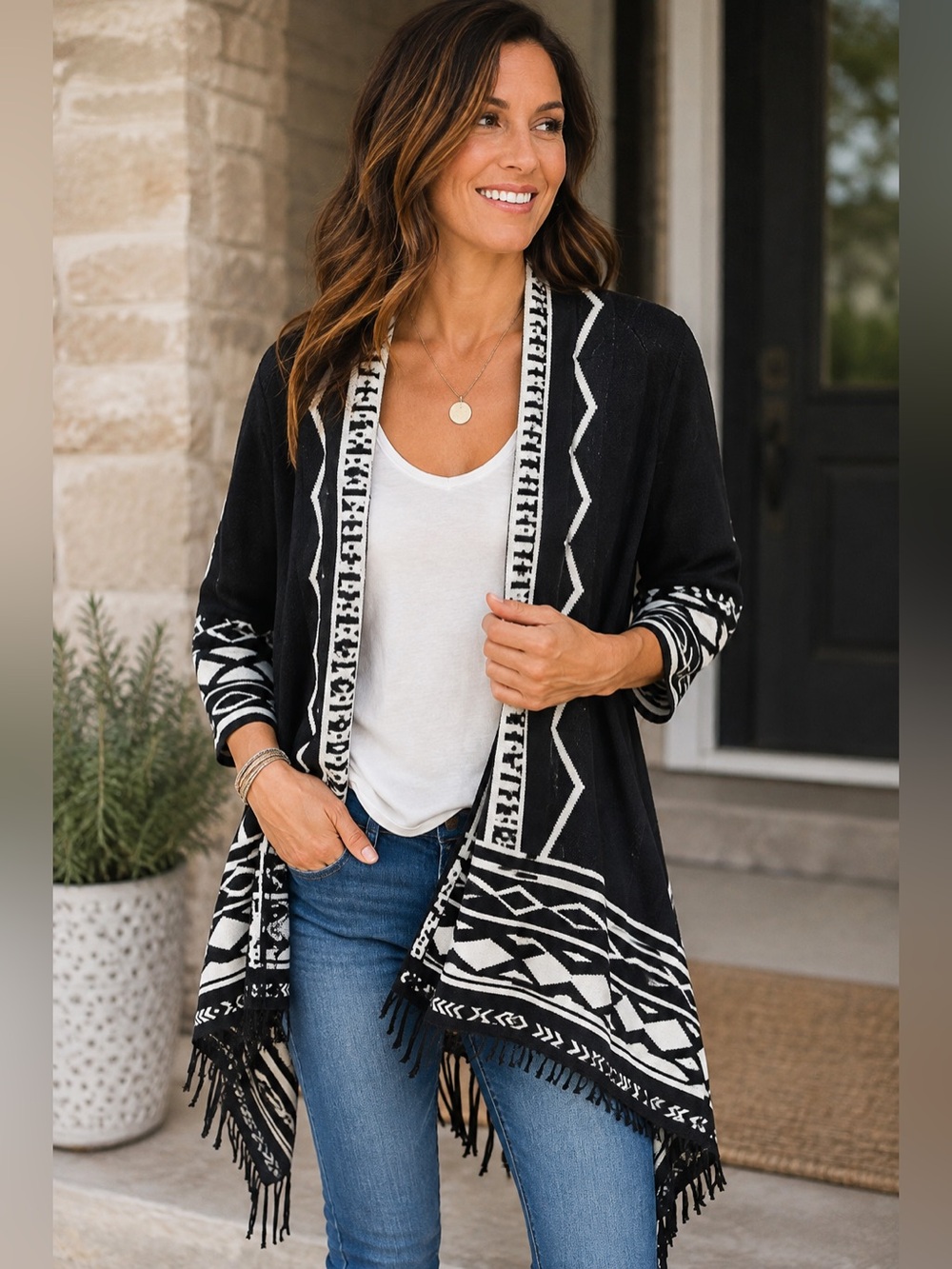 Chico’s Size 2 Black White Southwestern Fringe Open Front Cardigan Sweater Large